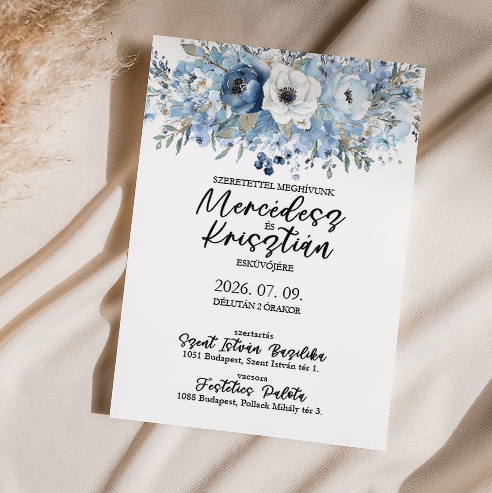 KÉK VIRÁGOS ROMANTIKUS ESKÜVŐI MEGHÍVÓ