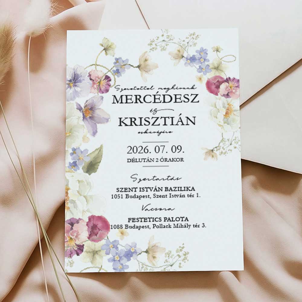 LILA ÉS FEHÉR VIRÁGOS ESKÜVŐI MEGHÍVÓ