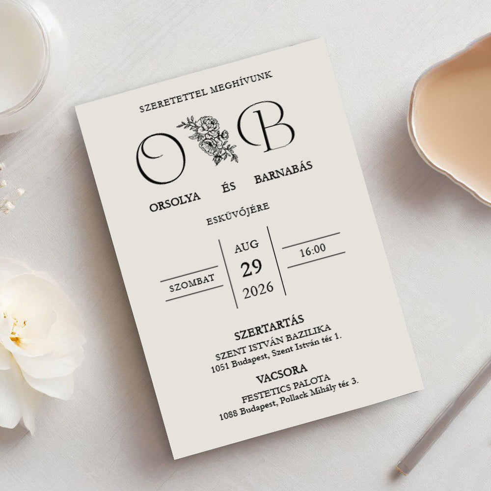 KLASSZIKUS MONOGRAMMOS VIRÁGOS ESKÜVŐI MEGHÍVÓ
