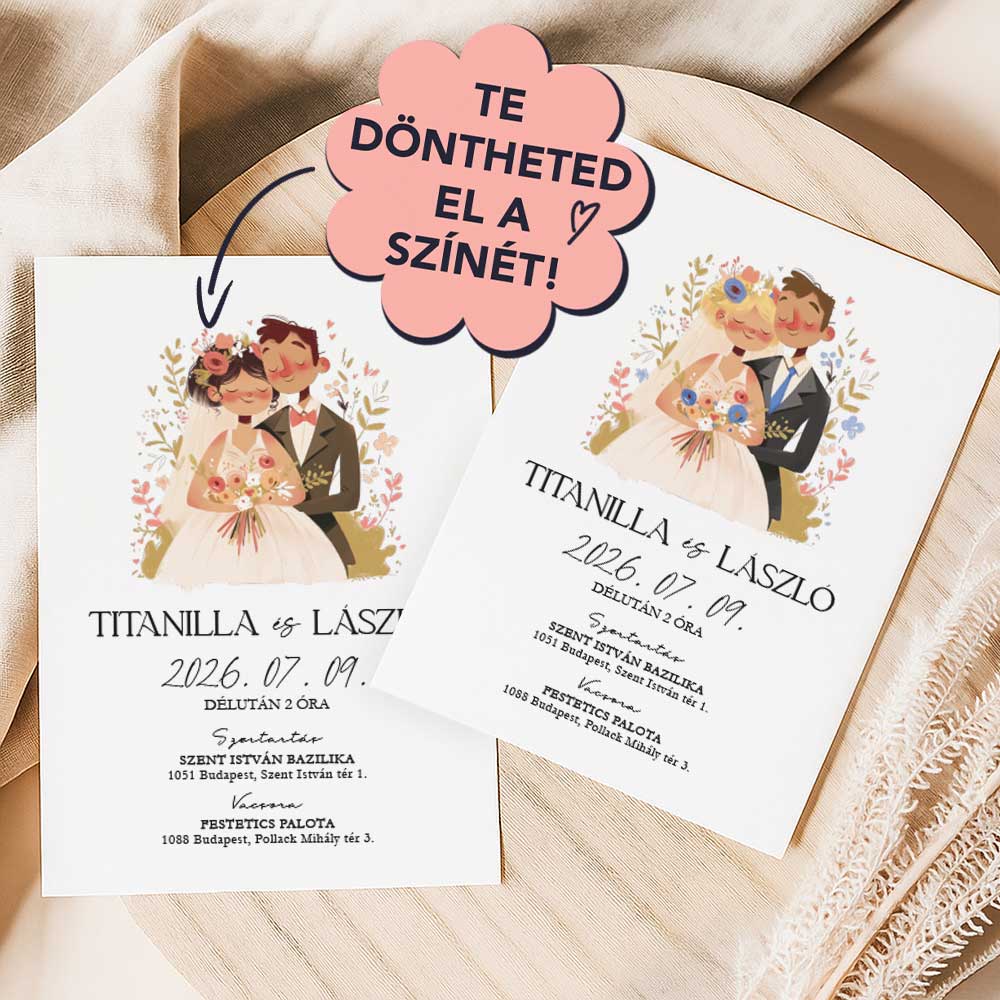 SZEMÉLYRE SZABHATÓ RAJZOLT PÁROS ESKÜVŐI MEGHÍVÓ