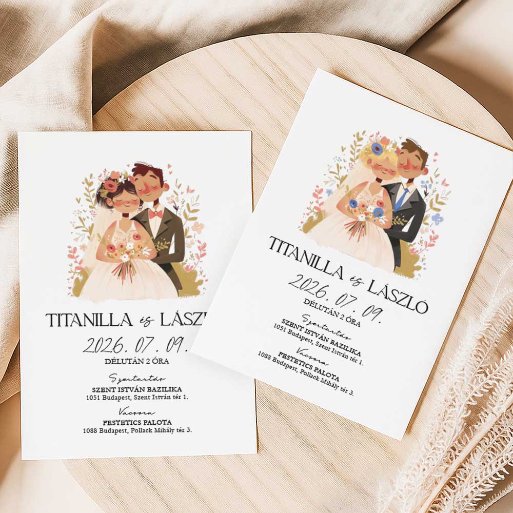 SZEMÉLYRE SZABHATÓ RAJZOLT PÁROS ESKÜVŐI MEGHÍVÓ