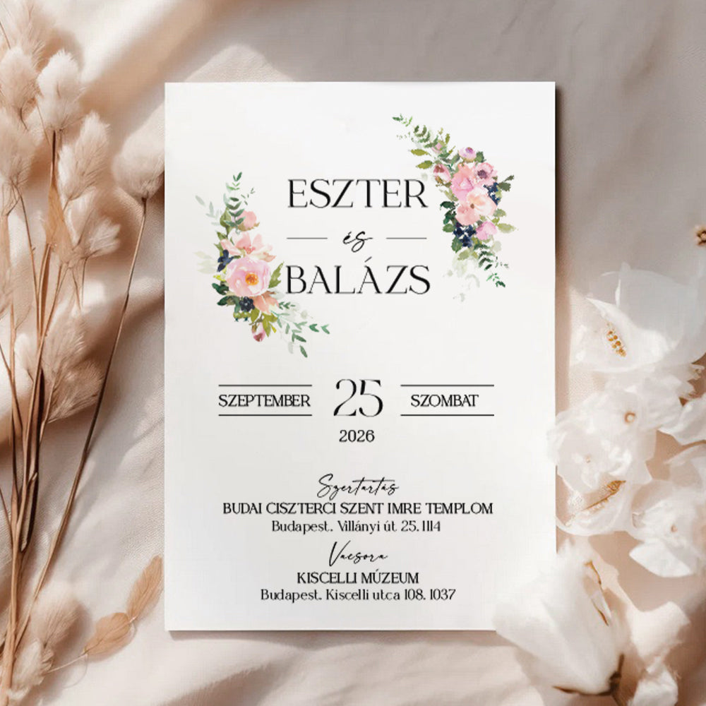 RÓZSASZÍN VIRÁGOS ROMANTIKUS ESKÜVŐI MEGHÍVÓ