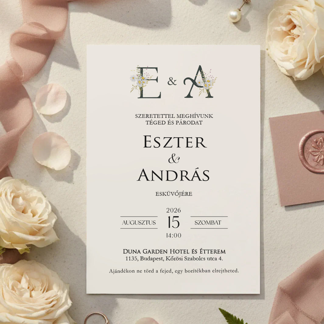 VIRÁGOS MONOGRAMMOS MODERN ESKÜVŐI MEGHÍVÓ