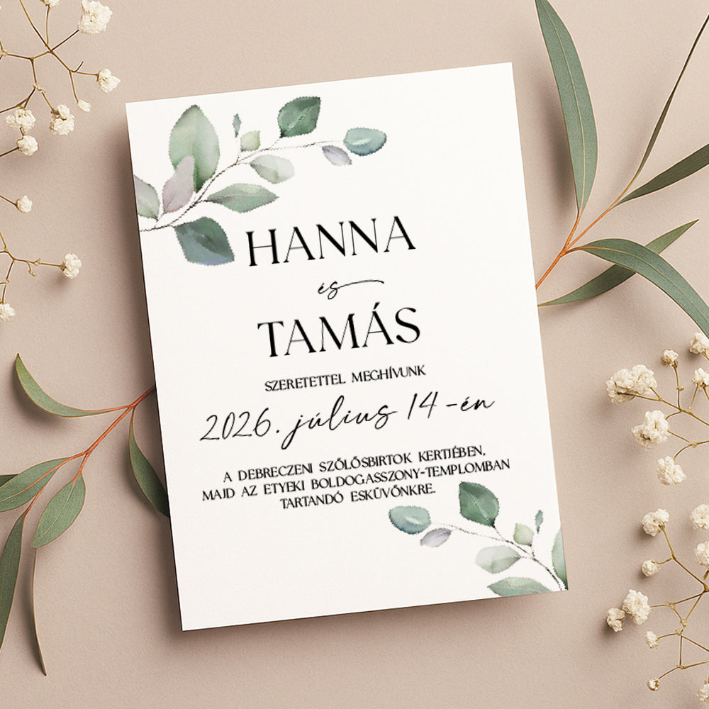 EUKALIPTUSZ LEVELES ROMANTIKUS ESKÜVŐI MEGHÍVÓ