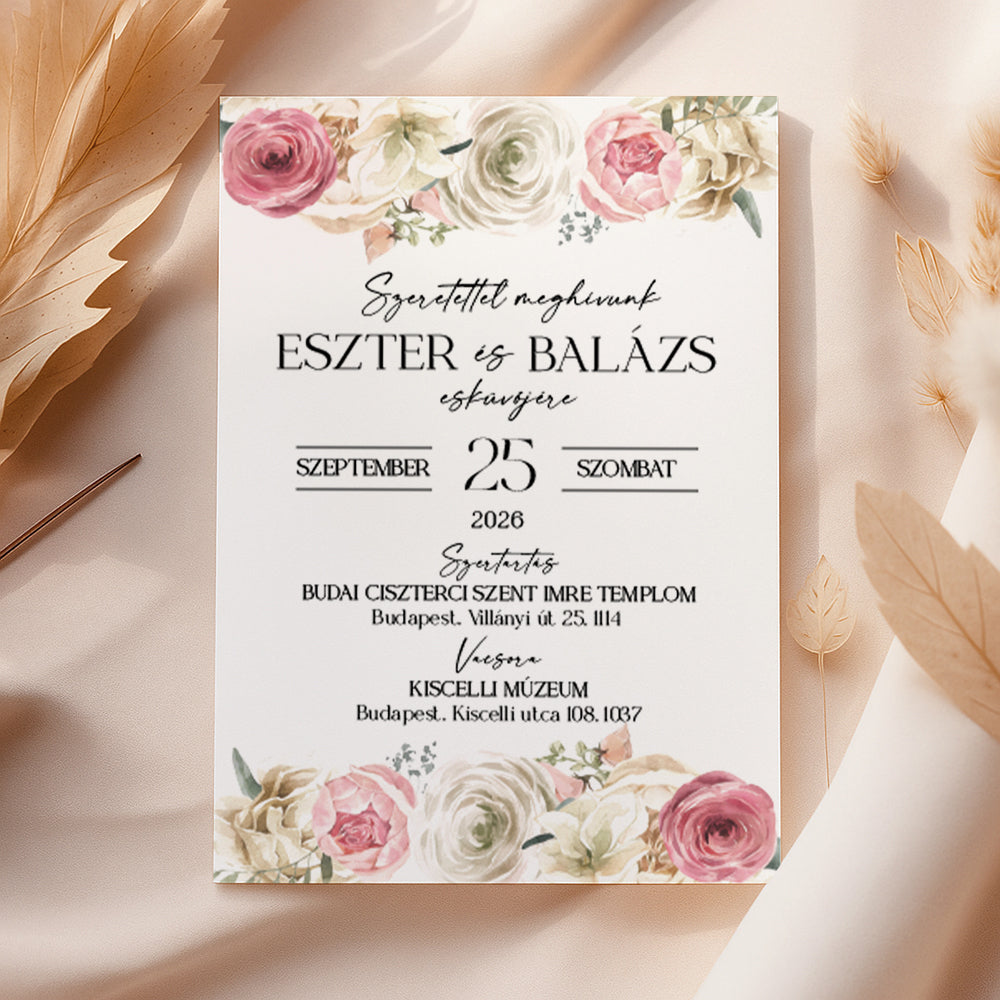 FEHÉR ÉS RÓZSASZÍN RÓZSÁS ESKÜVŐI MEGHÍVÓ