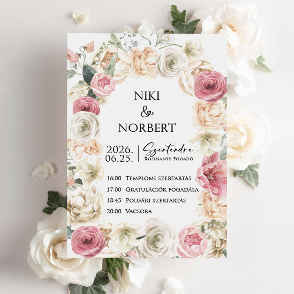 RÓZSASZÍN FEHÉR RÓZSAKERETES ESKÜVŐI MEGHÍVÓ