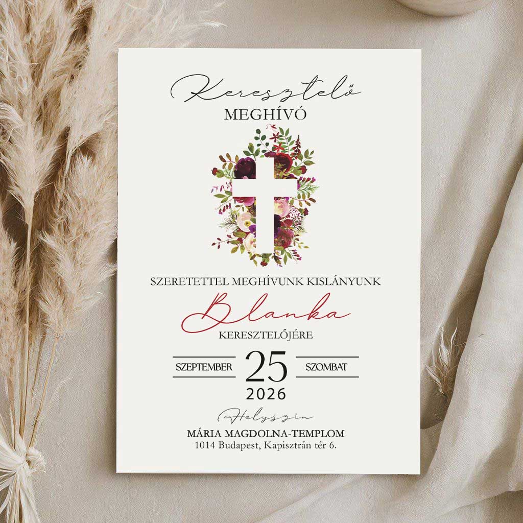 BURGUNDI VIRÁGOS KERESZTELŐ MEGHÍVÓ