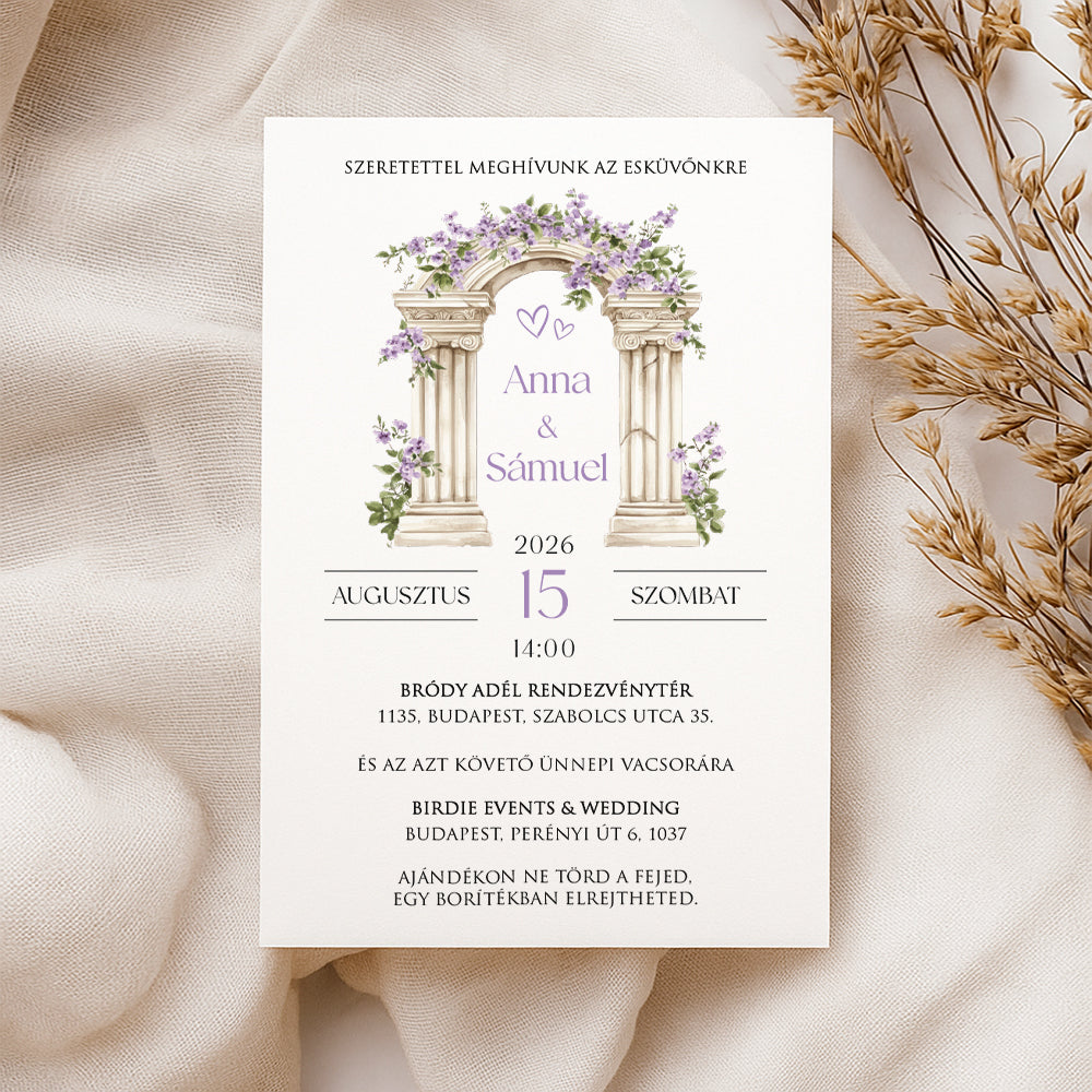 OSZLOPOS LILA VIRÁGOS BOHÉM ESKÜVŐI MEGHÍVÓ