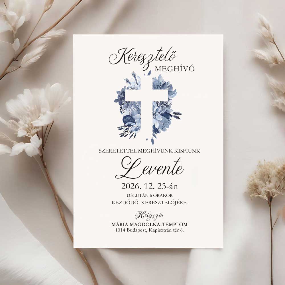 KÉK VIRÁGOS KERESZTES KERESZTELŐ MEGHÍVÓ