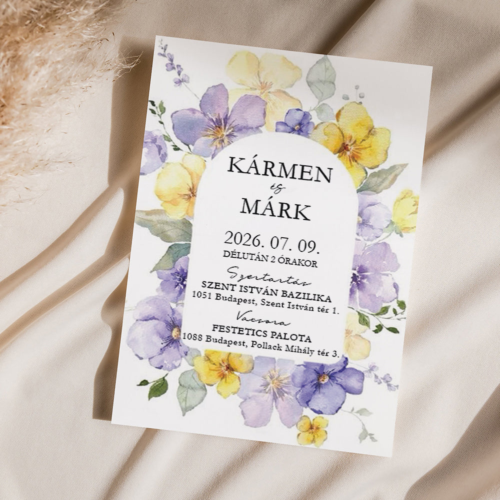 LILA ÉS SÁRGA ÁRVÁCSKÁS ESKÜVŐI MEGHÍVÓ