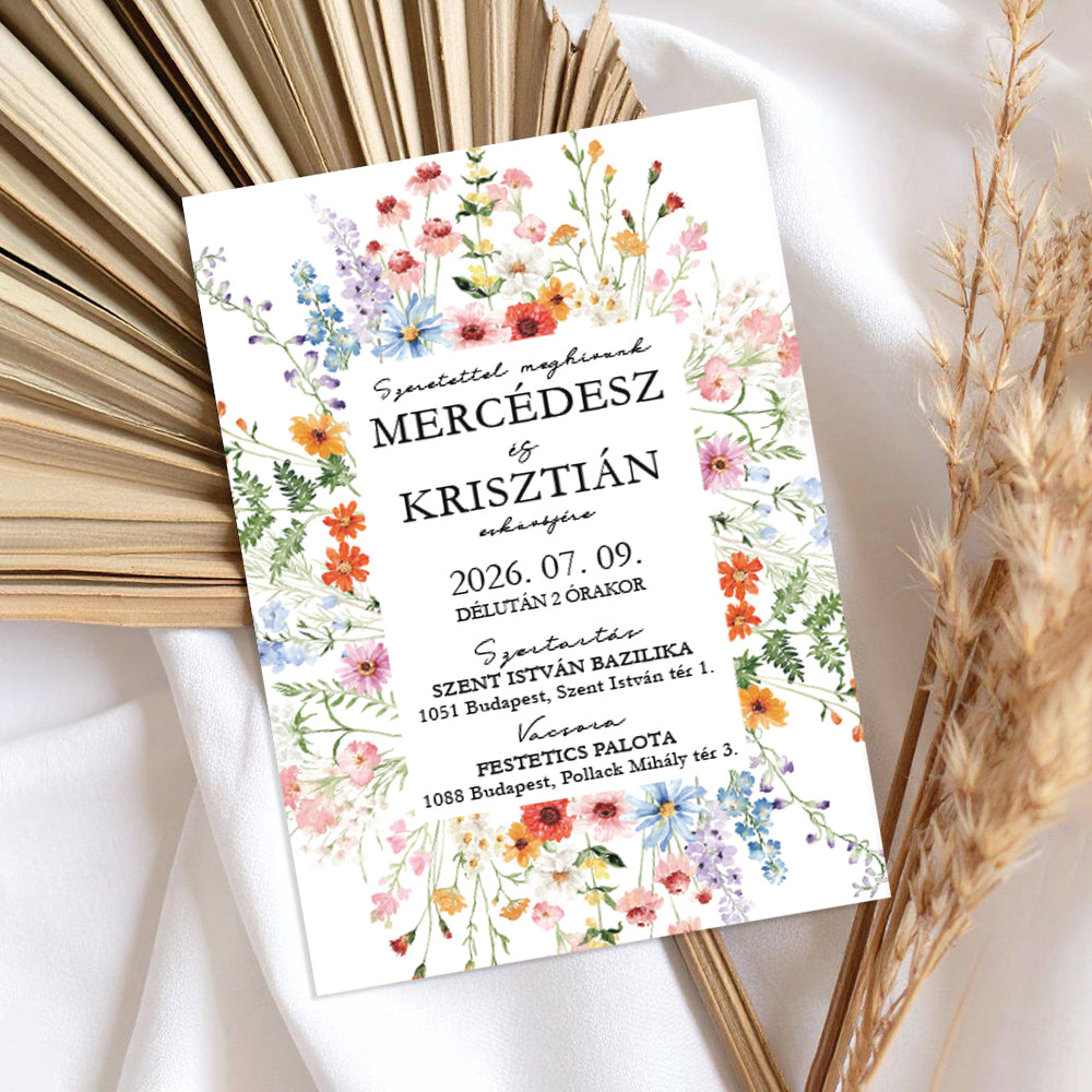 SZÍNPOMPÁS VADVIRÁGOS KERETES ESKÜVŐI MEGHÍVÓ