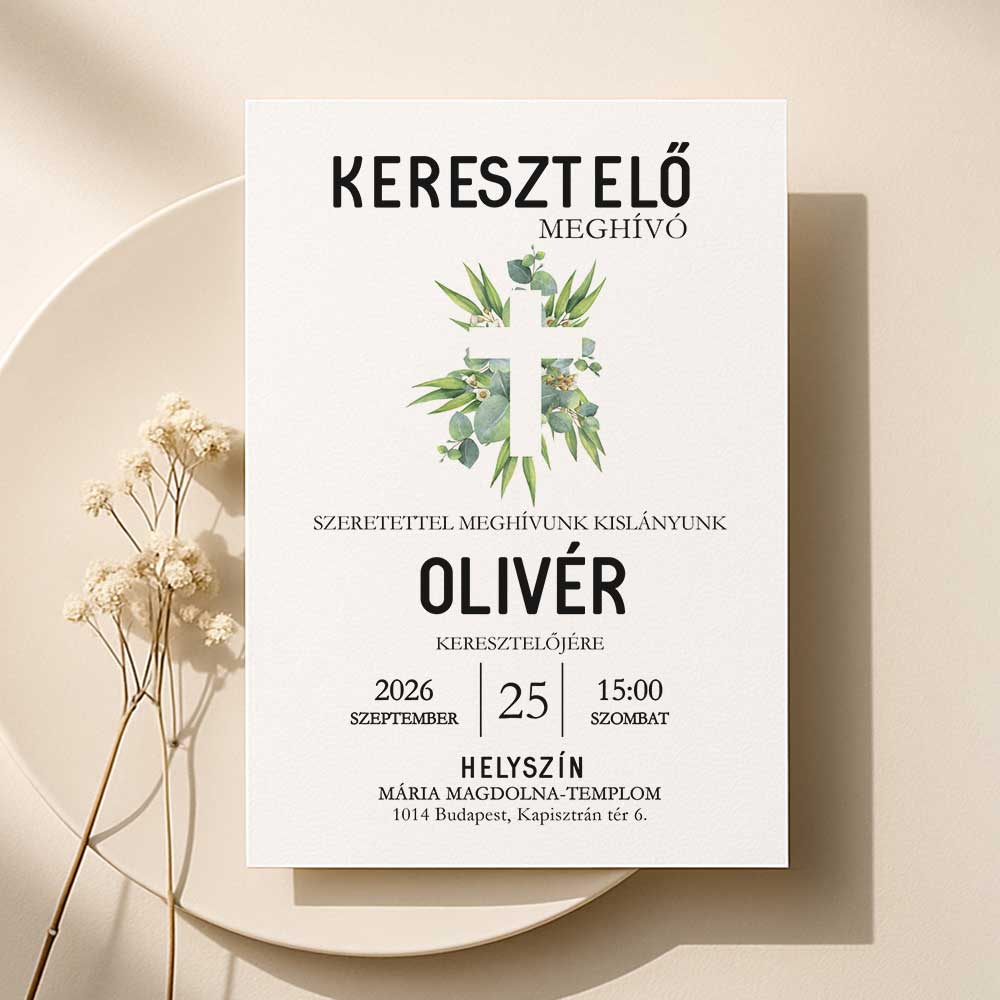 EUKALIPTUSZOS KERESZTELŐ MEGHÍVÓ KERESZTTEL