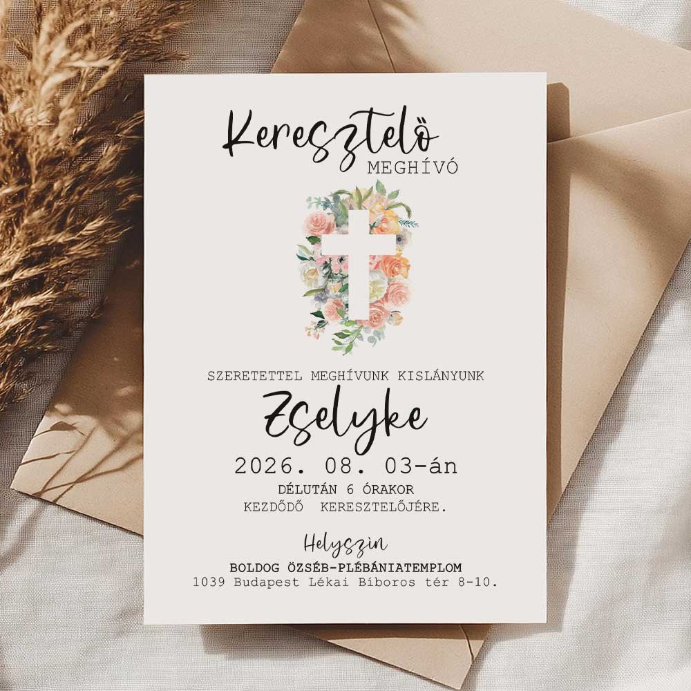 BARACKVIRÁG SZÍNŰ VIRÁGOS KERESZTELŐ MEGHÍVÓ