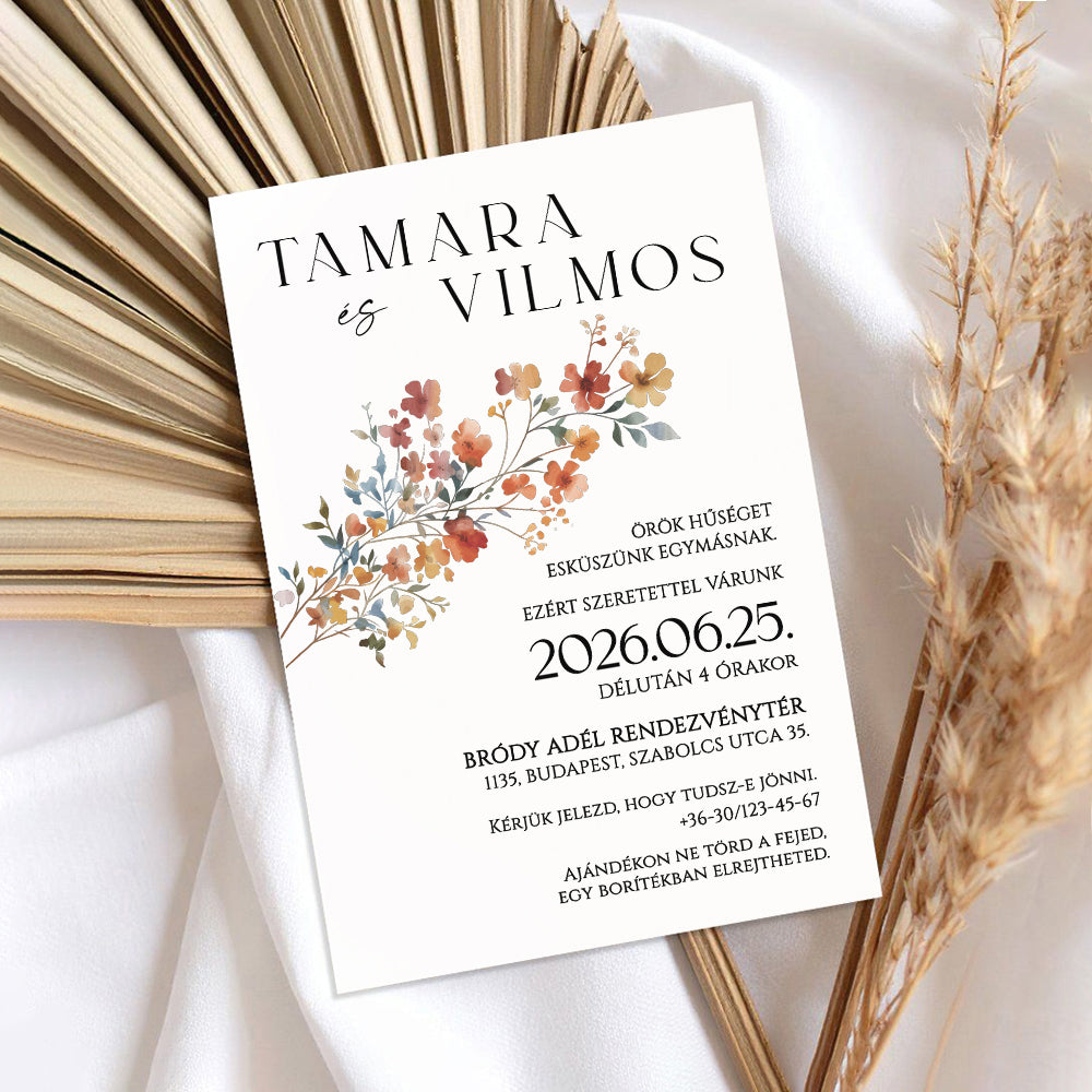 BOHÉM AKVARELL VIRÁGOS ESKÜVŐI MEGHÍVÓ