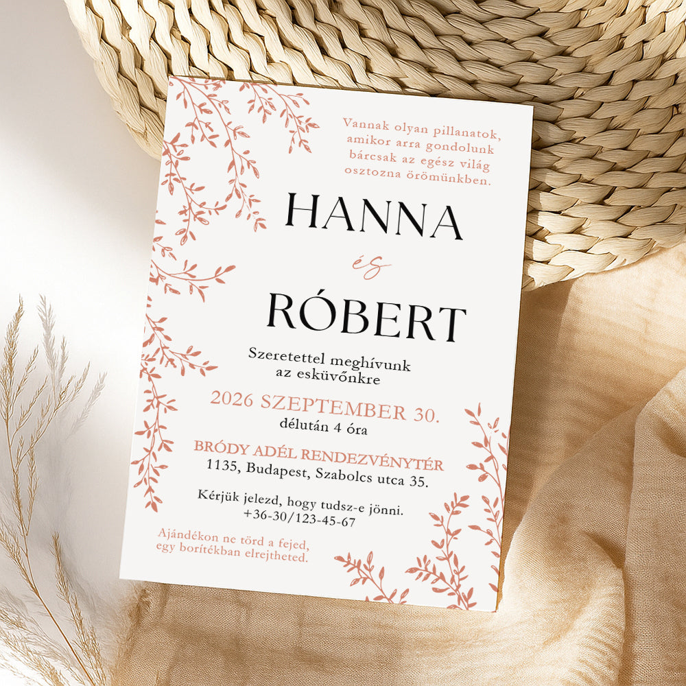 LEVÉL SAROKDÍSZES BOHÉM ESKÜVŐI MEGHÍVÓ