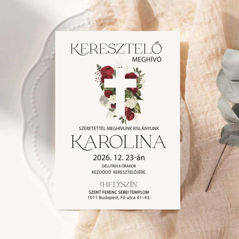 BURGUNDI VINTAGE STÍLUSÚ KERESZTELŐ MEGHÍVÓ