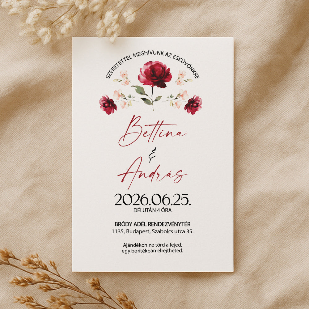 BURGUNDI VIRÁGOS BOHÉM ESKÜVŐI MEGHÍVÓ