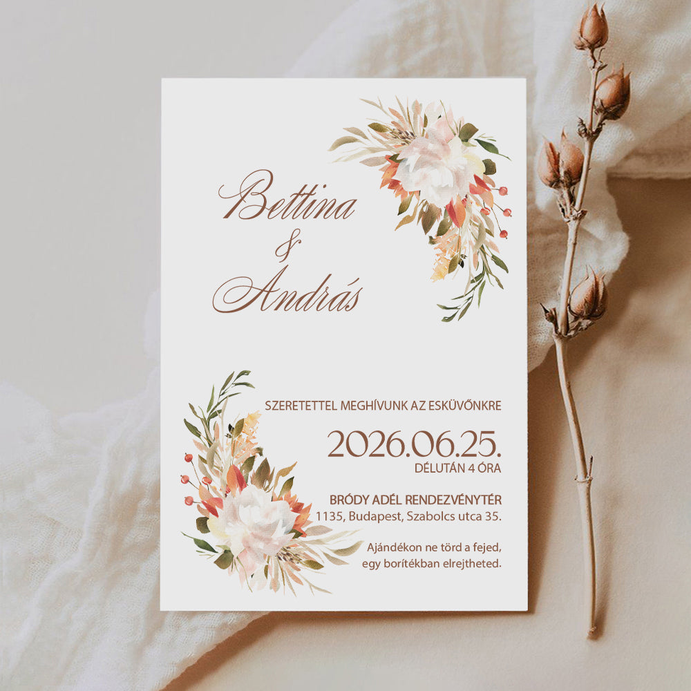 BOHÉM NARANCSSÁRGA SAROKDÍSZES ESKÜVŐI MEGHÍVÓ