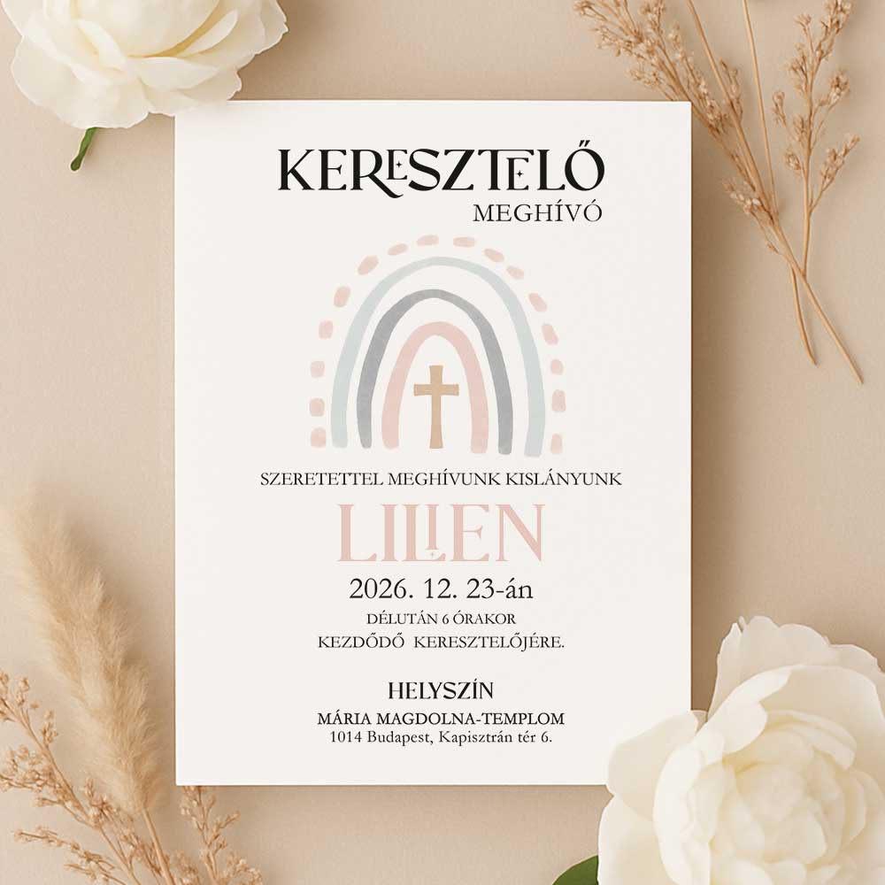 LÁGY SZÍNŰ SZIVÁRVÁNYOS KERESZTELŐ MEGHÍVÓ