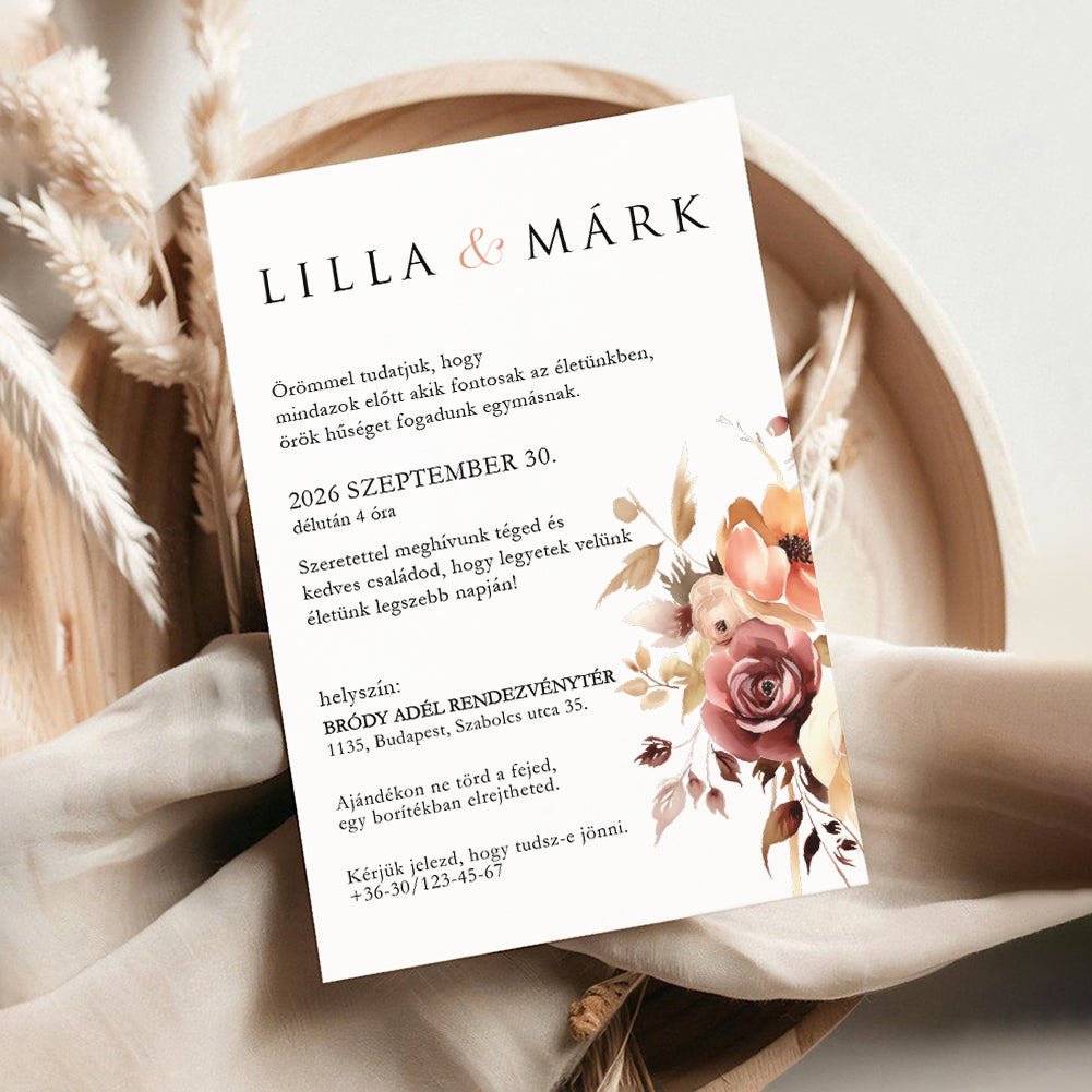 BORDÓ ÉS NARANCSSÁRGA VIRÁGOS ESKÜVŐI MEGHÍVÓ