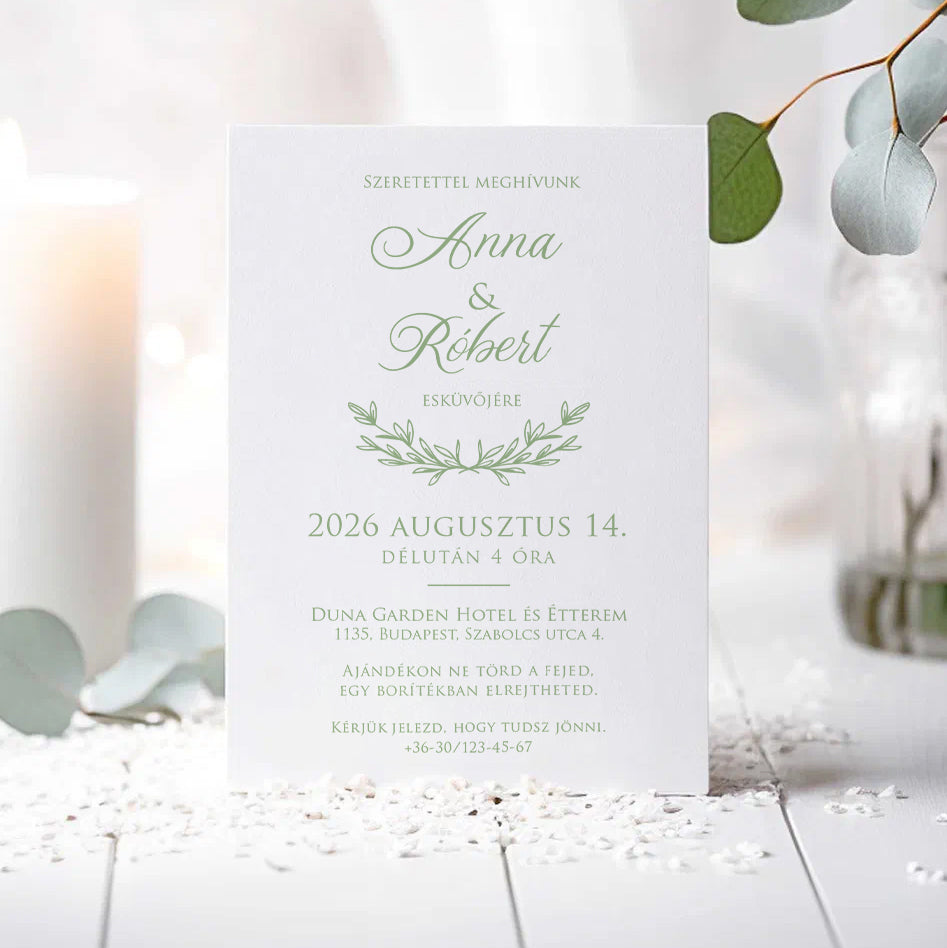 LETISZTULT LEVÉLDÍSZES KLASSZIKUS ESKÜVŐI MEGHÍVÓ