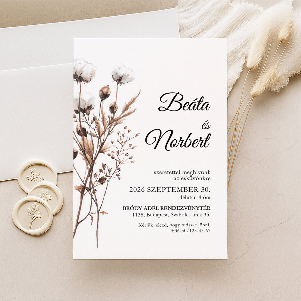 GYAPOTVIRÁGOS BOHÉM ESKÜVŐI MEGHÍVÓ