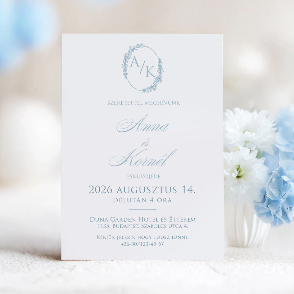 MONOGRAMMOS KOSZORÚS KLASSZIKUS ESKÜVŐI MEGHÍVÓ