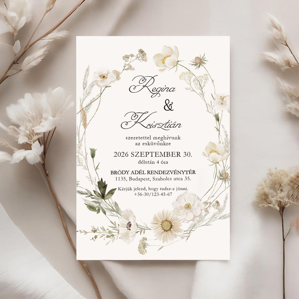 BÉZS MEZEI VIRÁGOS VISSZAFOGOTT ESKÜVŐI MEGHÍVÓ