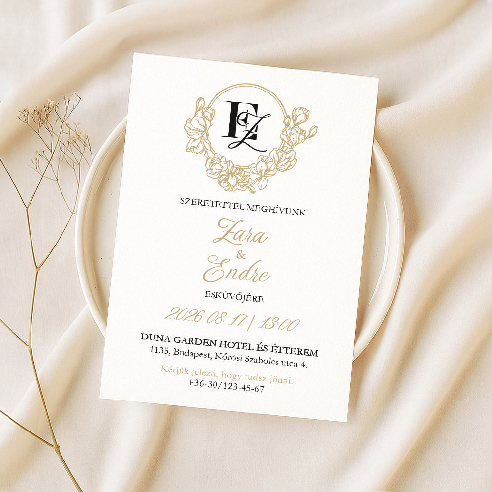 VIRÁGOS MONOGRAMMOS KLASSZIKUS ESKÜVŐI MEGHÍVÓ