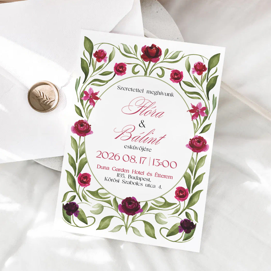 BURGUNDI RÓZSÁS KIFINOMULT ESKÜVŐI MEGHÍVÓ