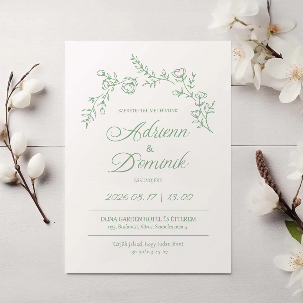 RAJZOLT VIRÁGDÍSZES ELEGÁNS ESKÜVŐI MEGHÍVÓ