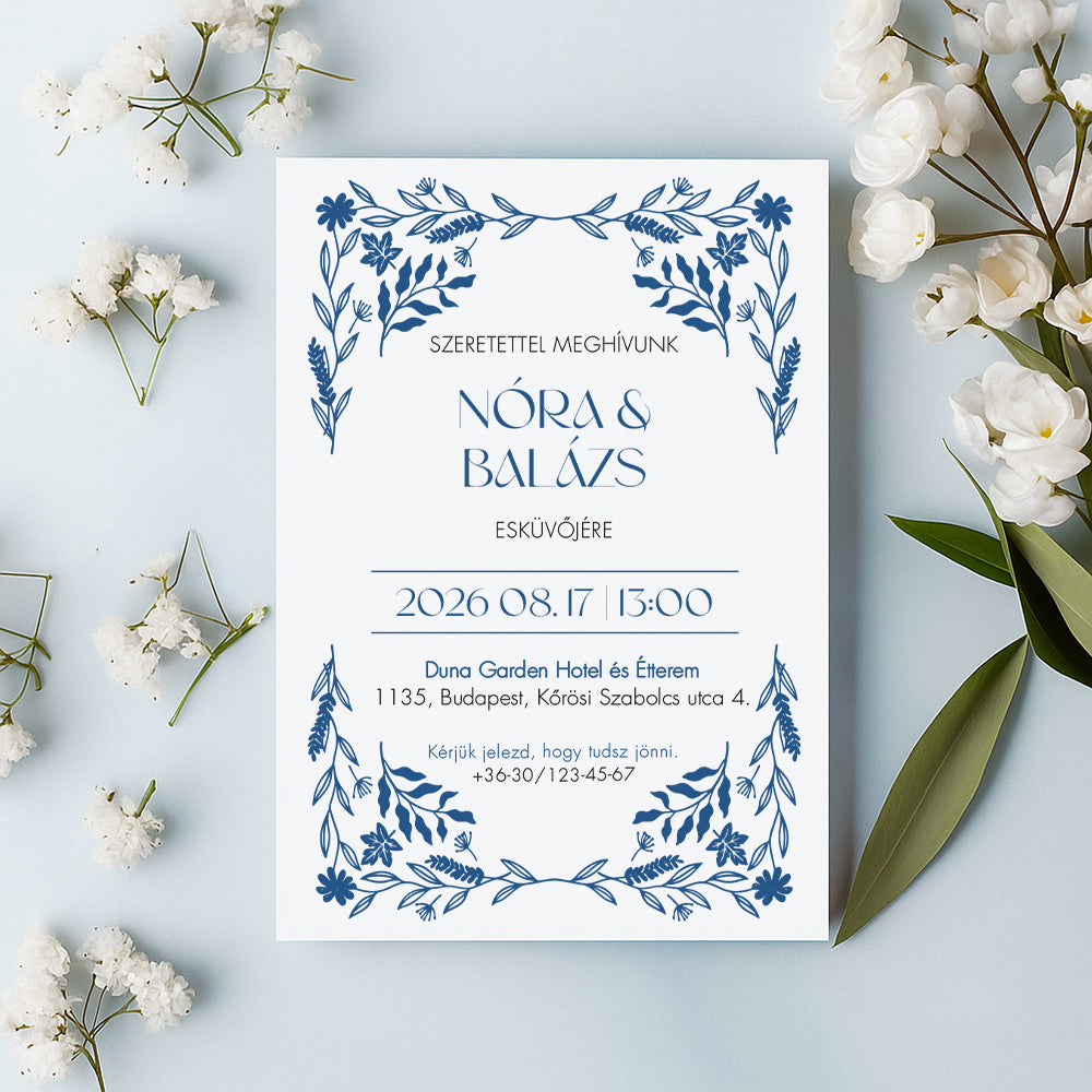 VIRÁGOS SAROKDÍSZES KLASSZIKUS ESKÜVŐI MEGHÍVÓ