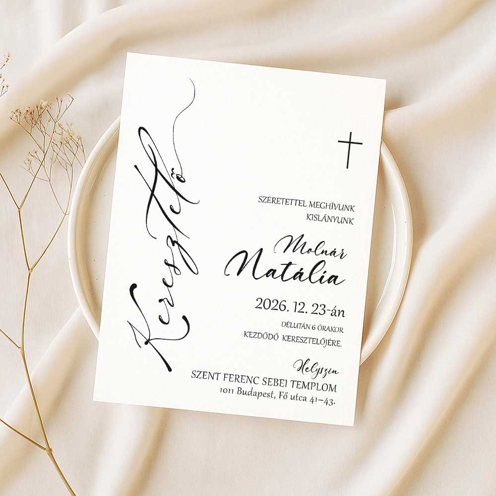 MINIMALISTA FELIRATOS KERESZTELŐ MEGHÍVÓ