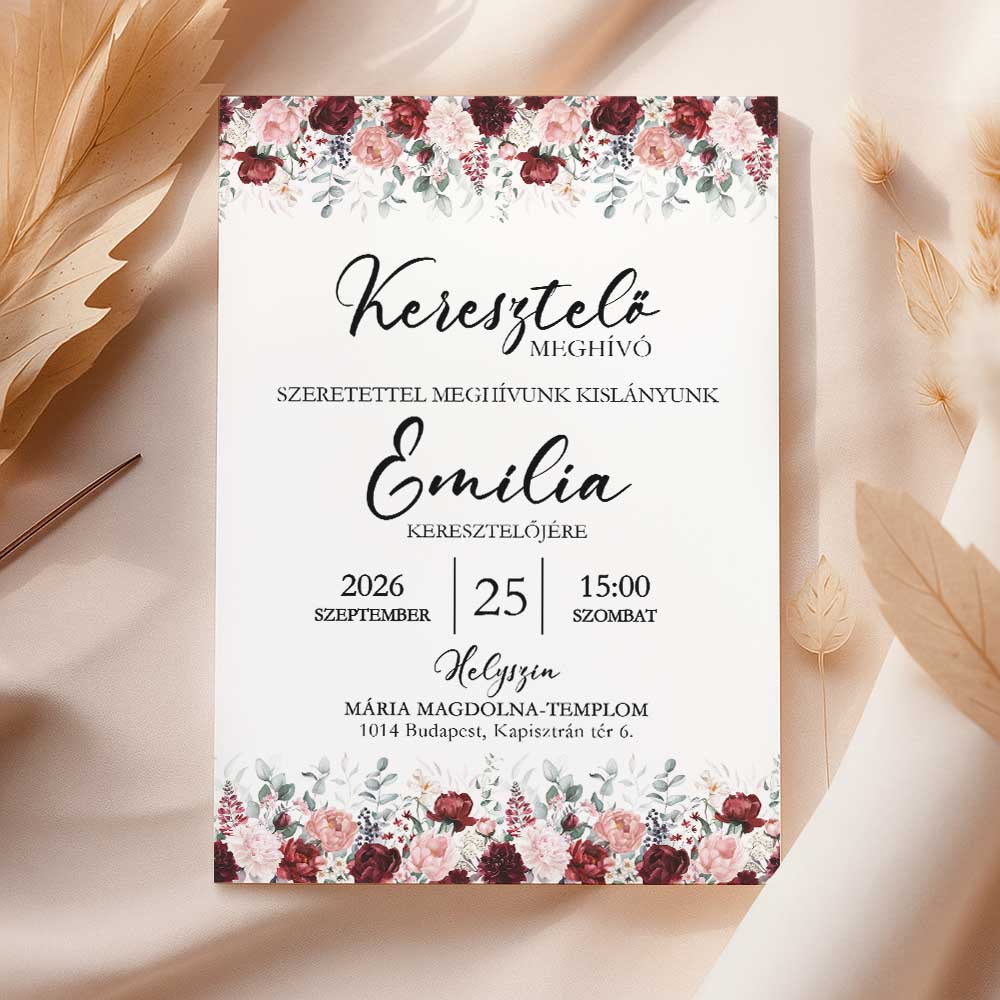 BORDÓ ÉS RÓZSASZÍN VIRÁGOS KERESZTELŐ MEGHÍVÓ