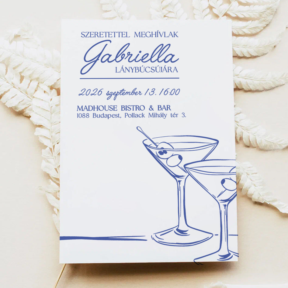 MARTINIS POHARAS MINIMALISTA LÁNYBÚCSÚ MEGHÍVÓ