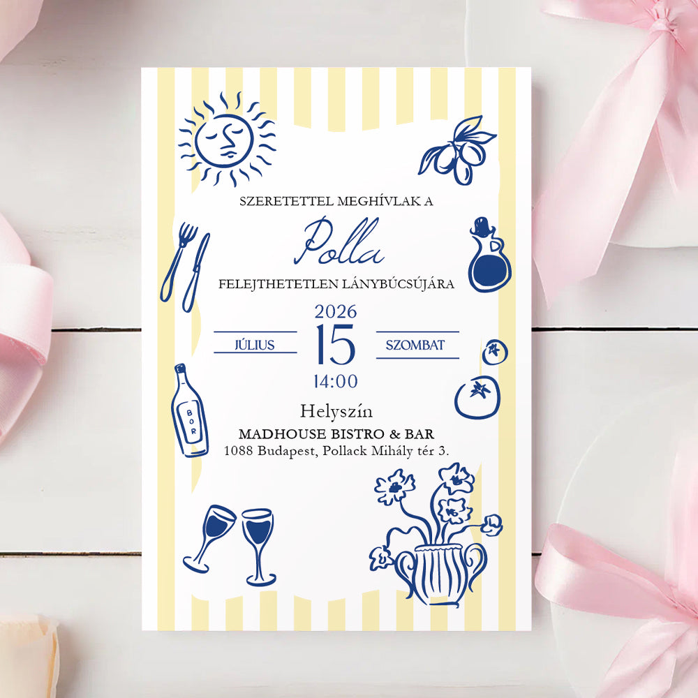 MEDITERRÁN VACSORA IHLETÉSŰ LÁNYBÚCSÚ MEGHÍVÓ