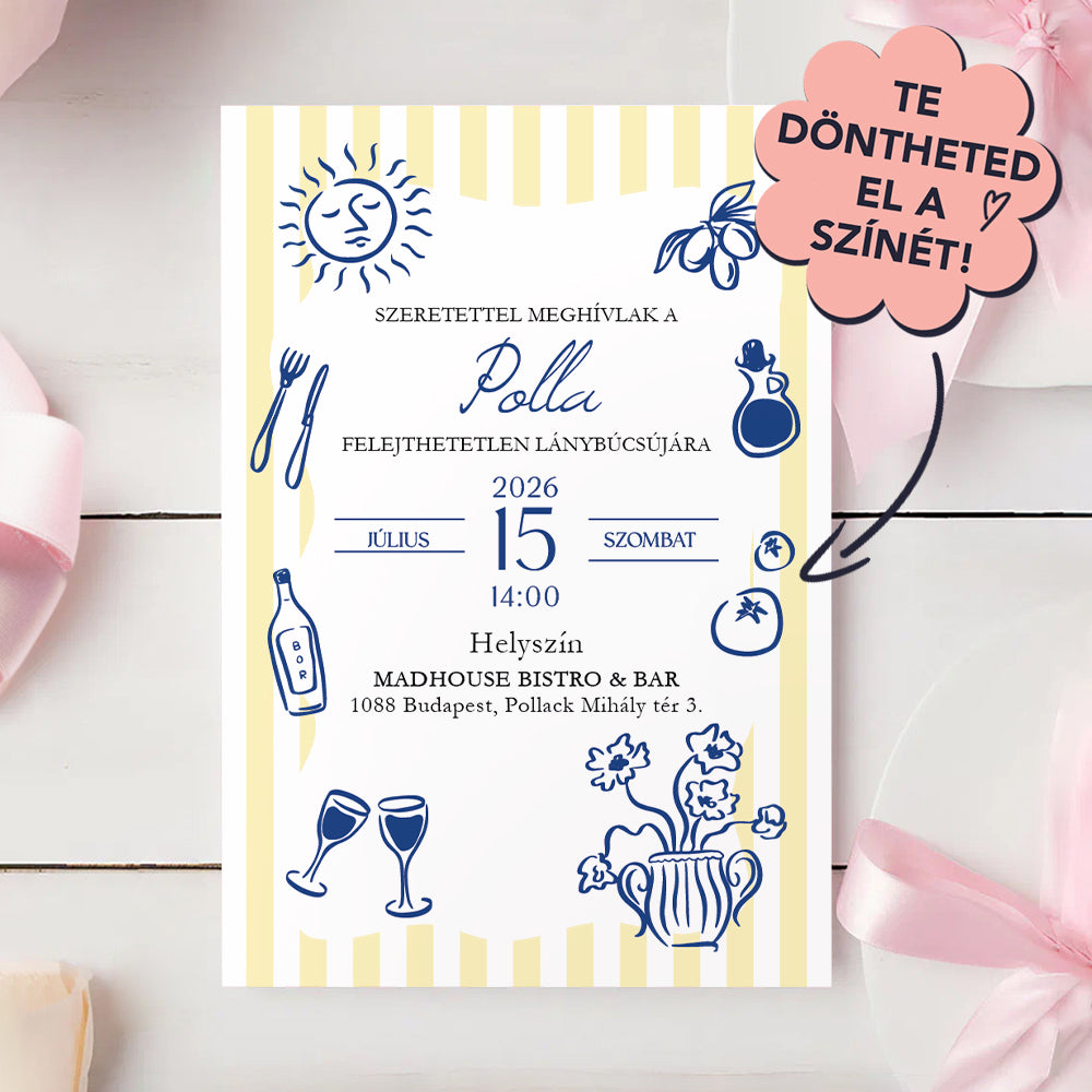 MEDITERRÁN VACSORA IHLETÉSŰ LÁNYBÚCSÚ MEGHÍVÓ